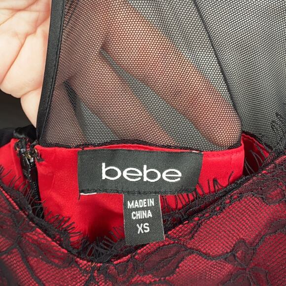 Bebe Red Black Lace Overlay Bodycon Dress Size XS - Picture 5 of 16